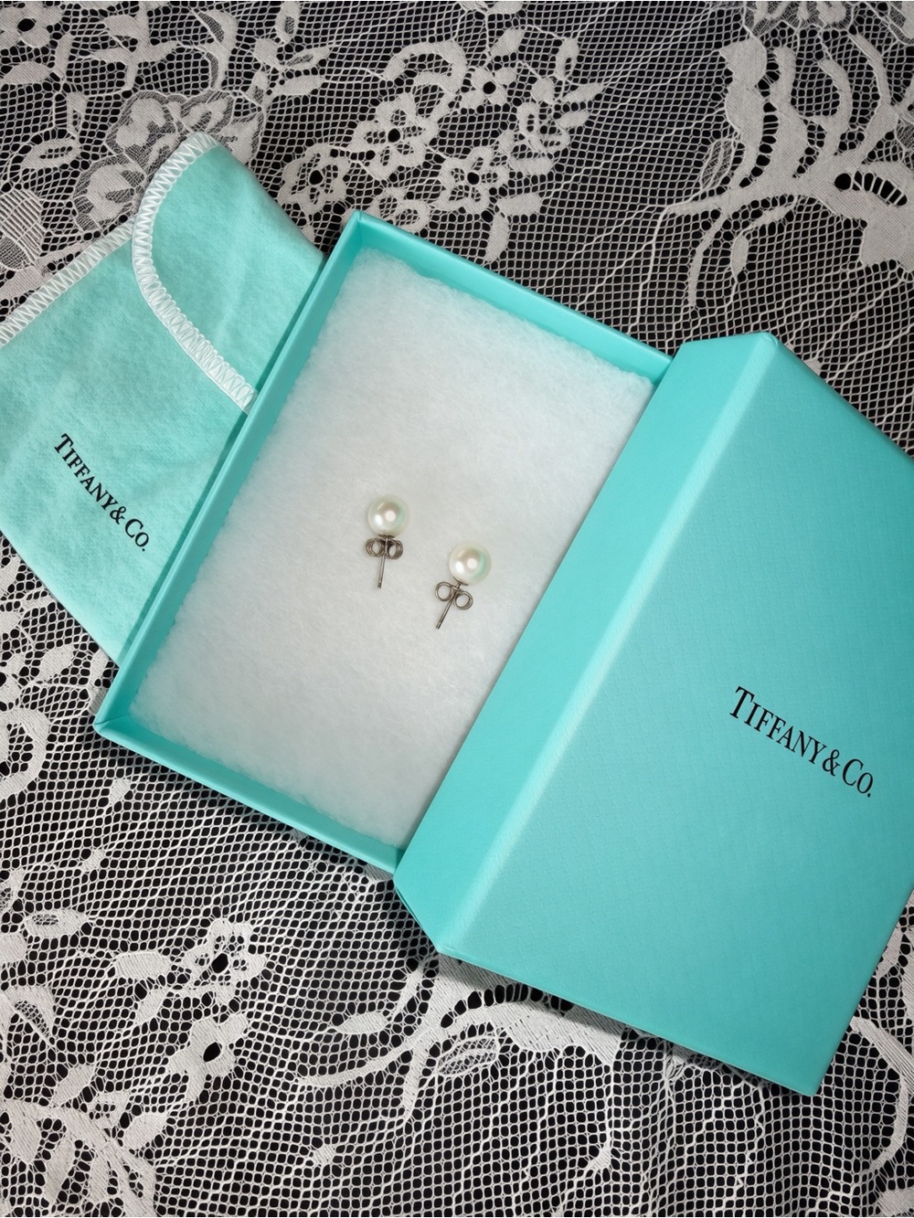 Tiffany & Co. White Pearl Stud Earrings with Sterling Posts in Tiffany Blue Box